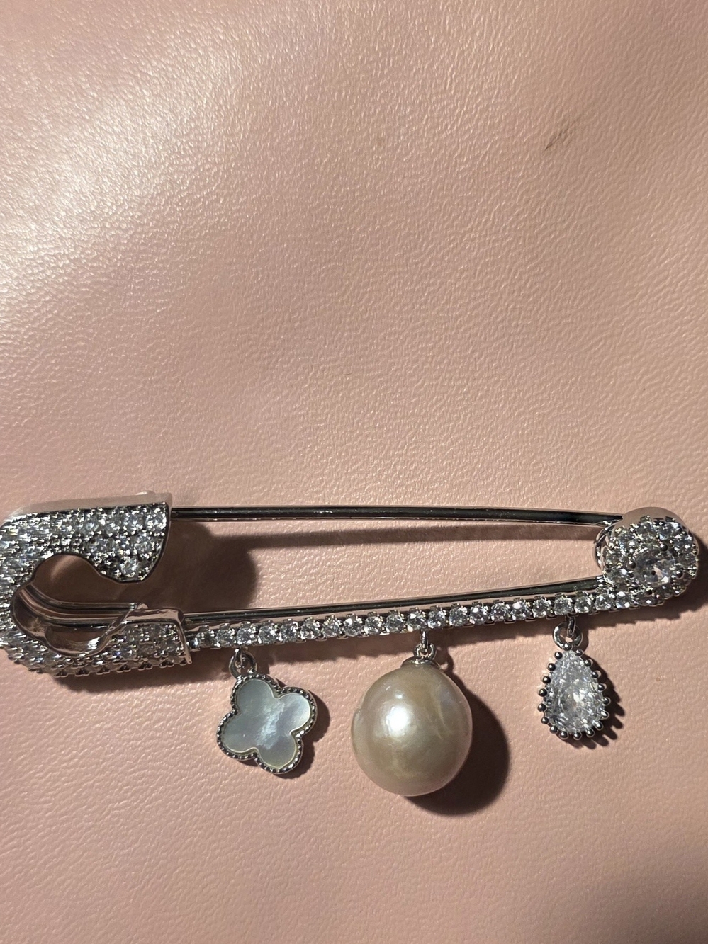Sterling Silver Crystal Safety Pin Brooch with Pearl and Mother-of-Pearl Charms